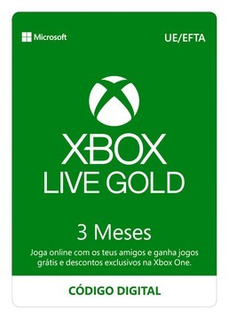 Sobre o produto Cartão Xbox Live Gold 3 Meses (Formato Digital) Tem um jogador na sua lista de ofertas? Dê-lhe um cartão de oferta Xbox para o entretenimento e os jogos mais recentes na Xbox e no Windows. O cartão permitir-lhe-á comprar os títulos mais recentes, clássicos e conteúdos exclusivos. Para resgatar o código: 1. Aceda a microsoft.com/redeem; 2. Revele e introduza cuidadosamente o código; 3. Comece a comprar. A compra do artigo pressupõe a aceitação dos termos e condições disponíveis sob a imagem do produto.